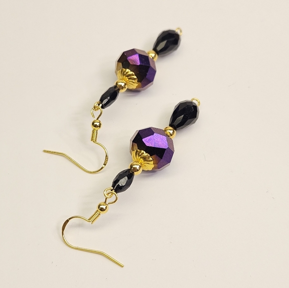 Handmade Purple and Black Faceted Glass Beaded Earrings - Picture 3 of 6